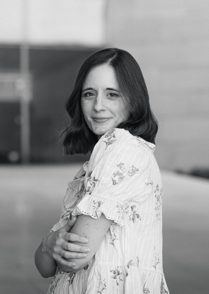Close-up portrait of DC violinist Emily black and white