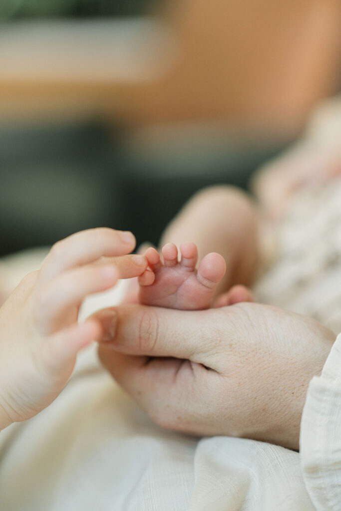 Close-up of a parent gently holding a newborn baby's tiny feet